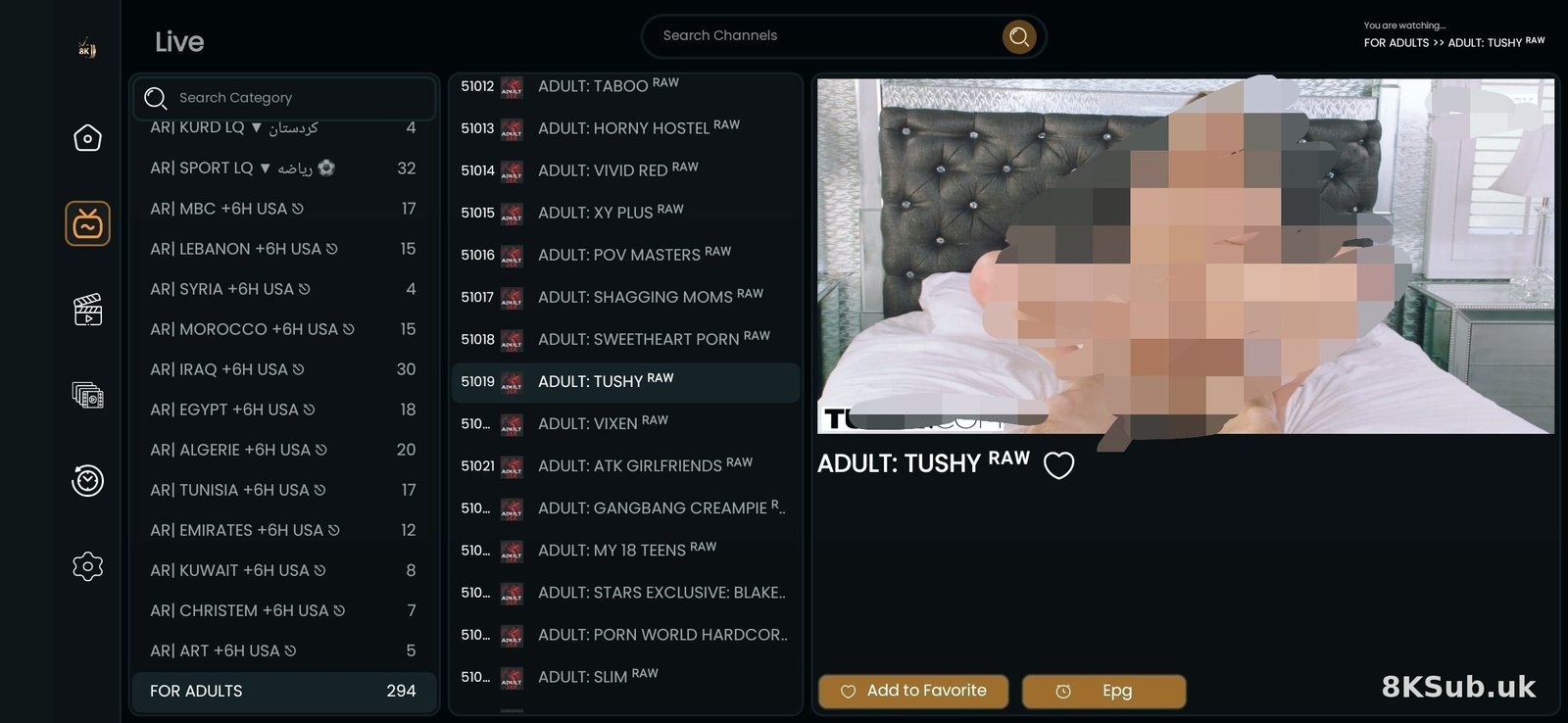 IPTV adult content interface categories search HD streaming